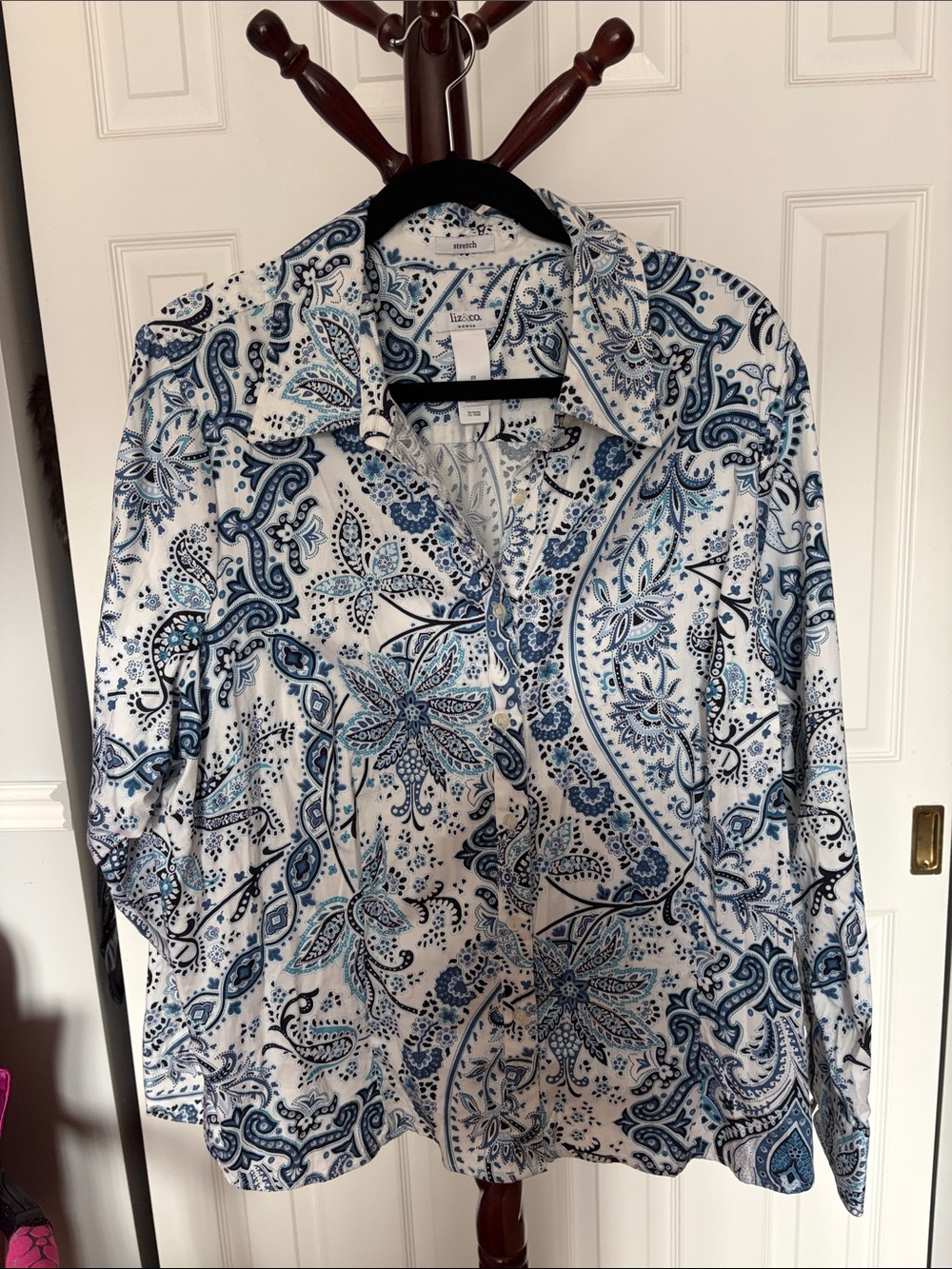 Liz & Co. Button-Down Shirt with Blue Paisley Print